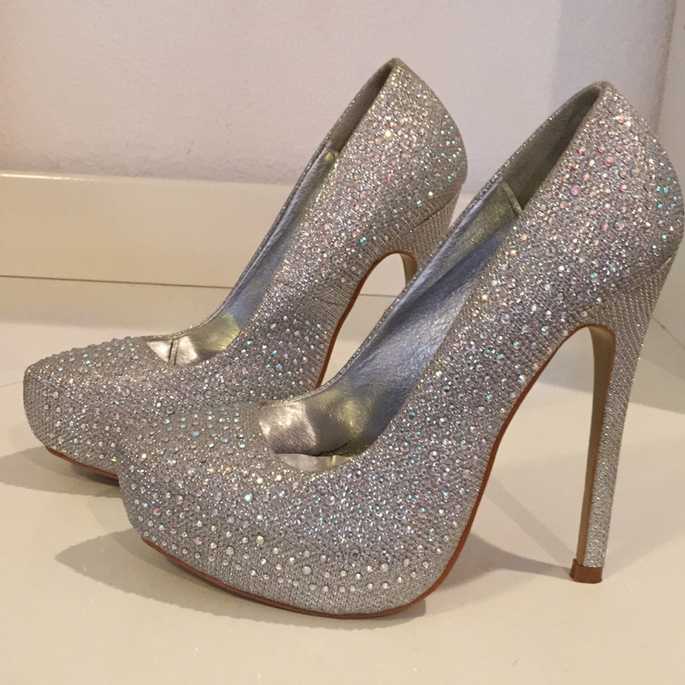 Silver rhinestoned heels